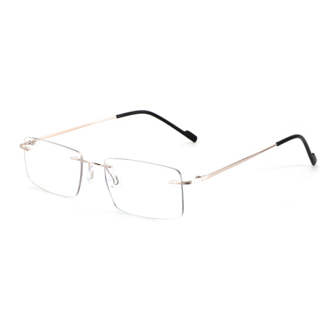 ZENOTTIC Alyssa rimless eyeglasses with gold metal temples and clear lenses.
