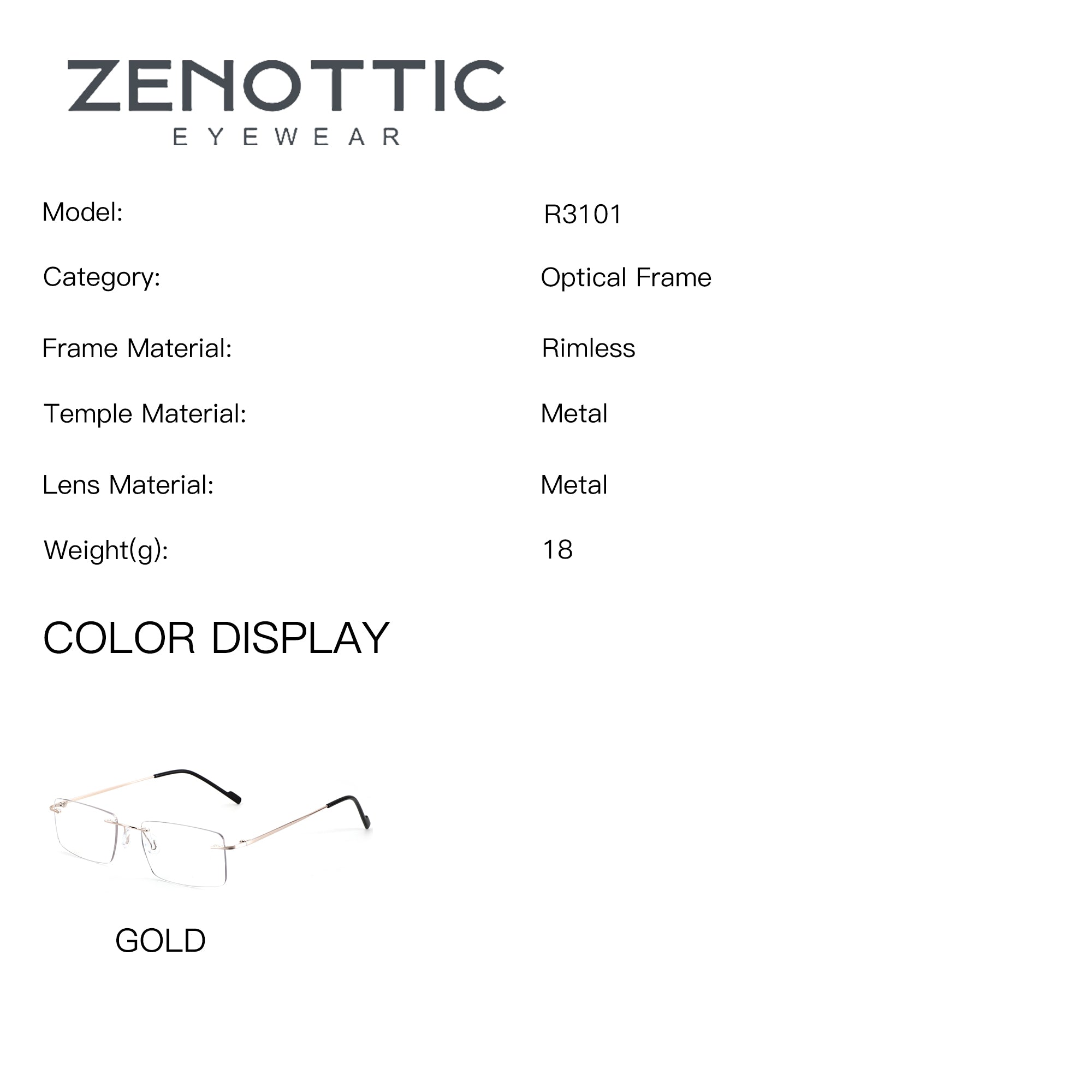 ZENOTTIC Alyssa eyeglasses: gold rimless metal frame R3101.