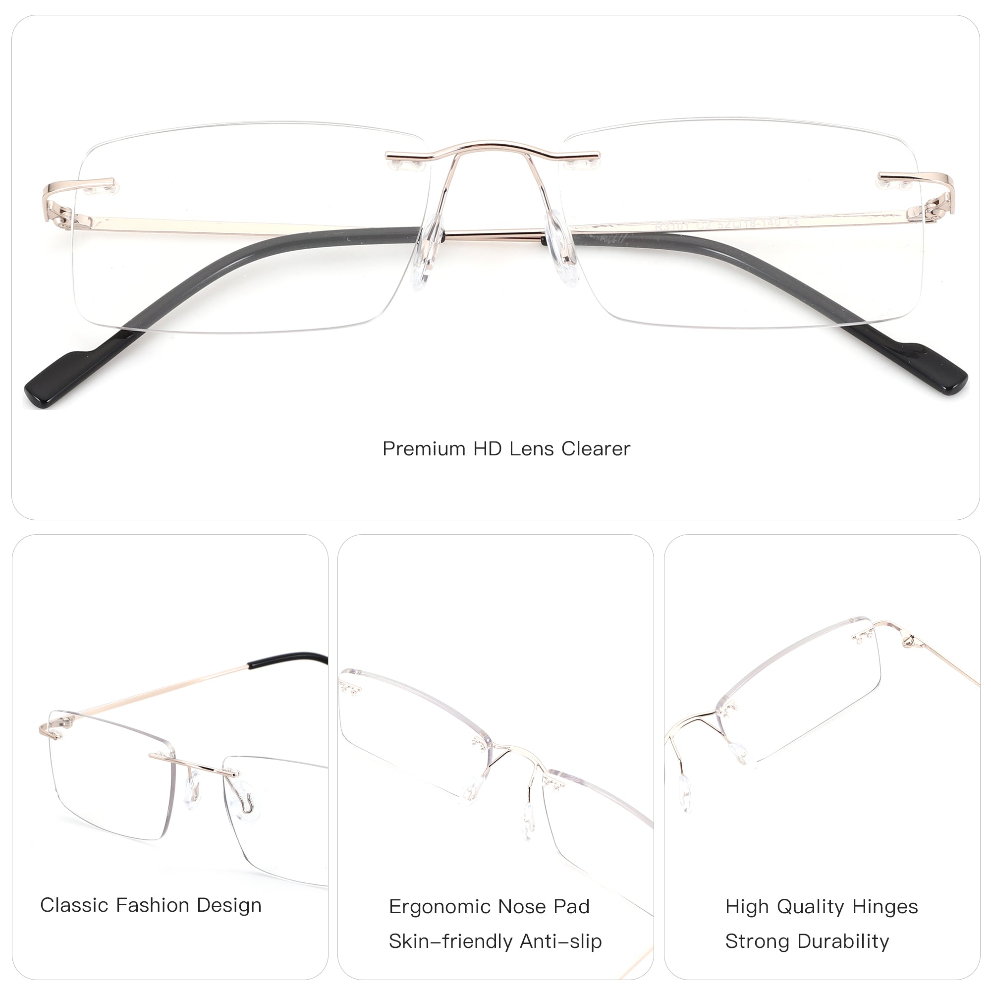 Zenottic Alyssa rimless metal frame eyeglasses, premium clear square lenses, model R3101.