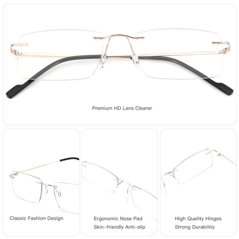 Zenottic Alyssa rimless metal frame eyeglasses, premium clear square lenses, model R3101.