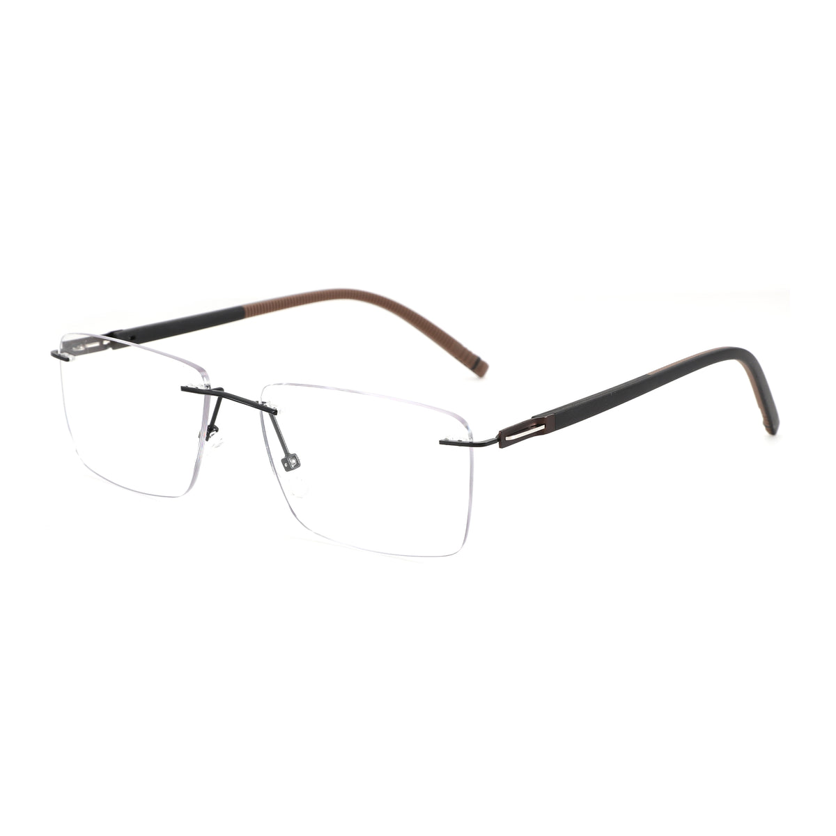 Zenottic Gene rimless eyeglasses with black metal frame and temples, square lenses, brown temple arms.
