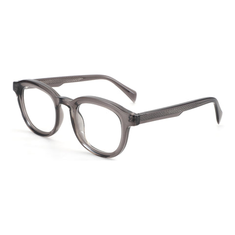 Zenottic Rod eyeglasses: retro round acetate frame, clear lenses, textured temples, translucent grey.