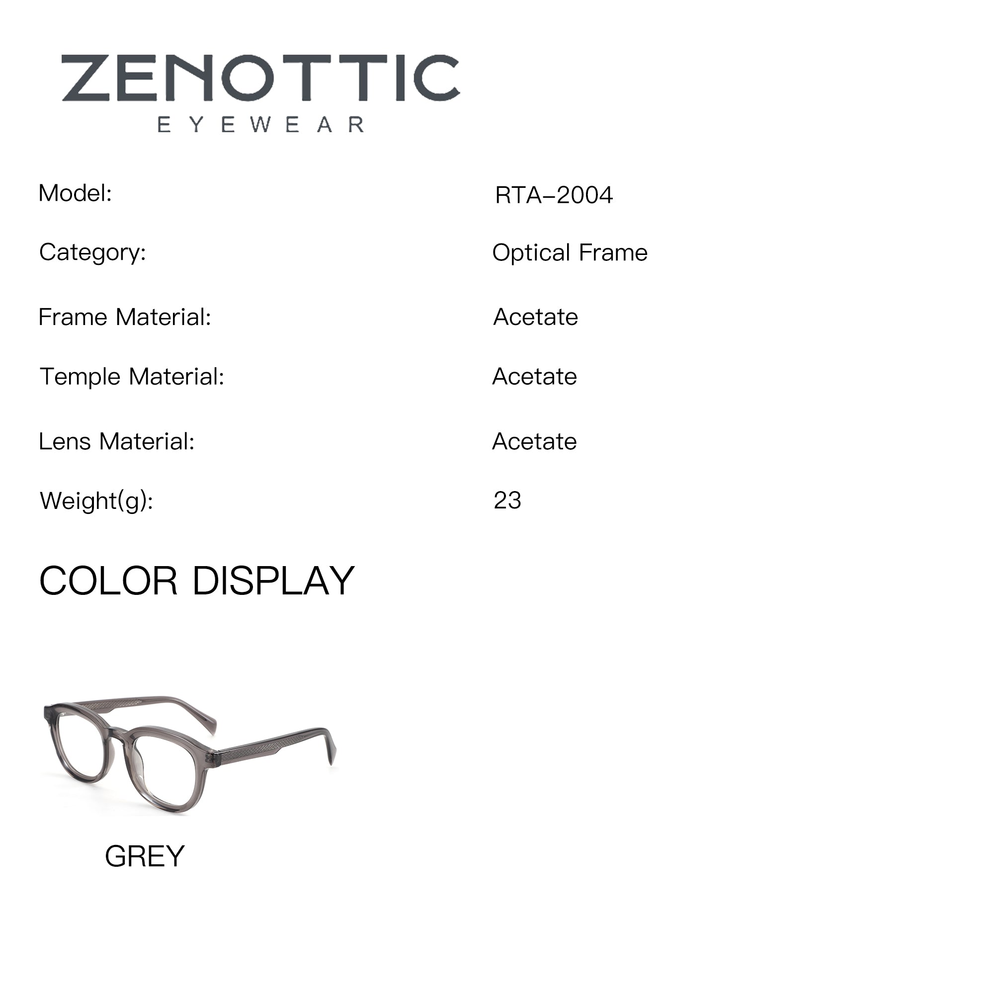 ZENOTTIC RTA-2004 model grey acetate retro round eyeglasses.