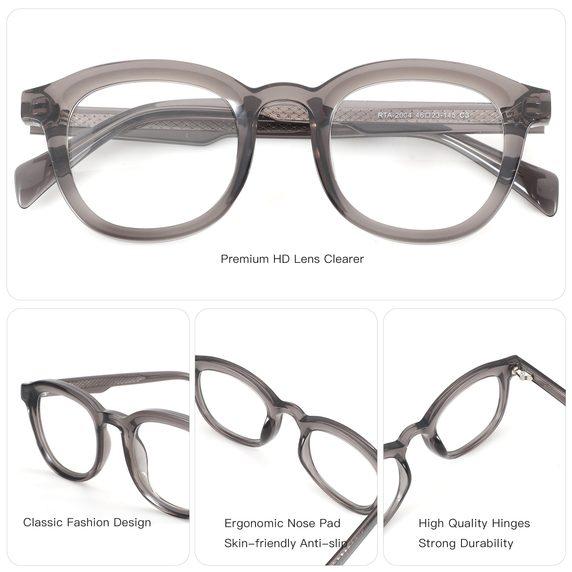 ZENOTTIC Rod eyeglasses: grey acetate round frame RTA-2004, classic design, quality hinges.