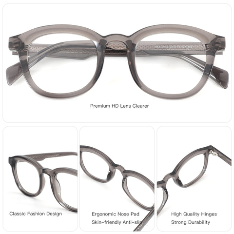 ZENOTTIC Rod eyeglasses: grey acetate round frame RTA-2004, classic design, quality hinges.