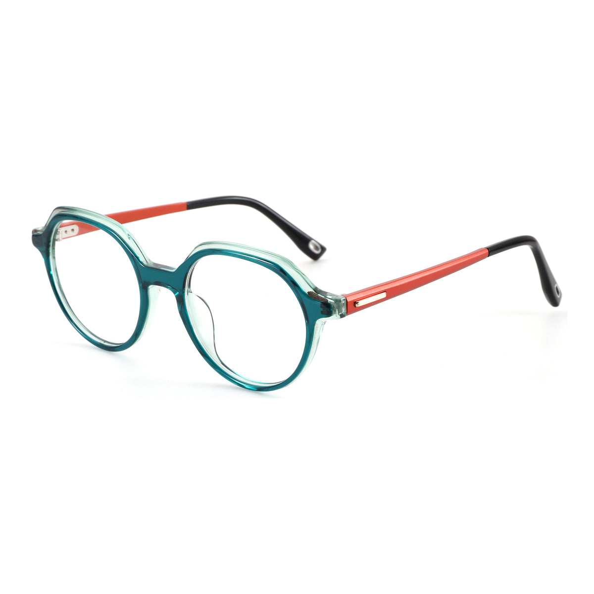 Zenottic Felinus retro geometric eyeglasses with teal acetate frame and orange temples.
