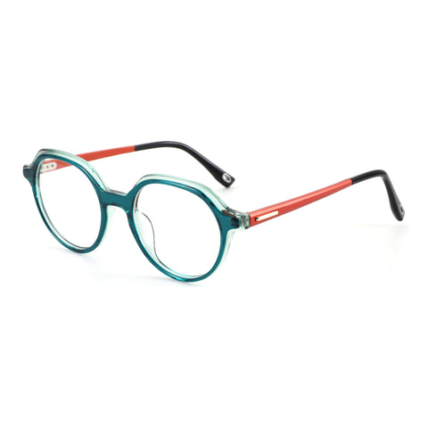 Zenottic Felinus retro geometric eyeglasses with teal acetate frame and orange temples.