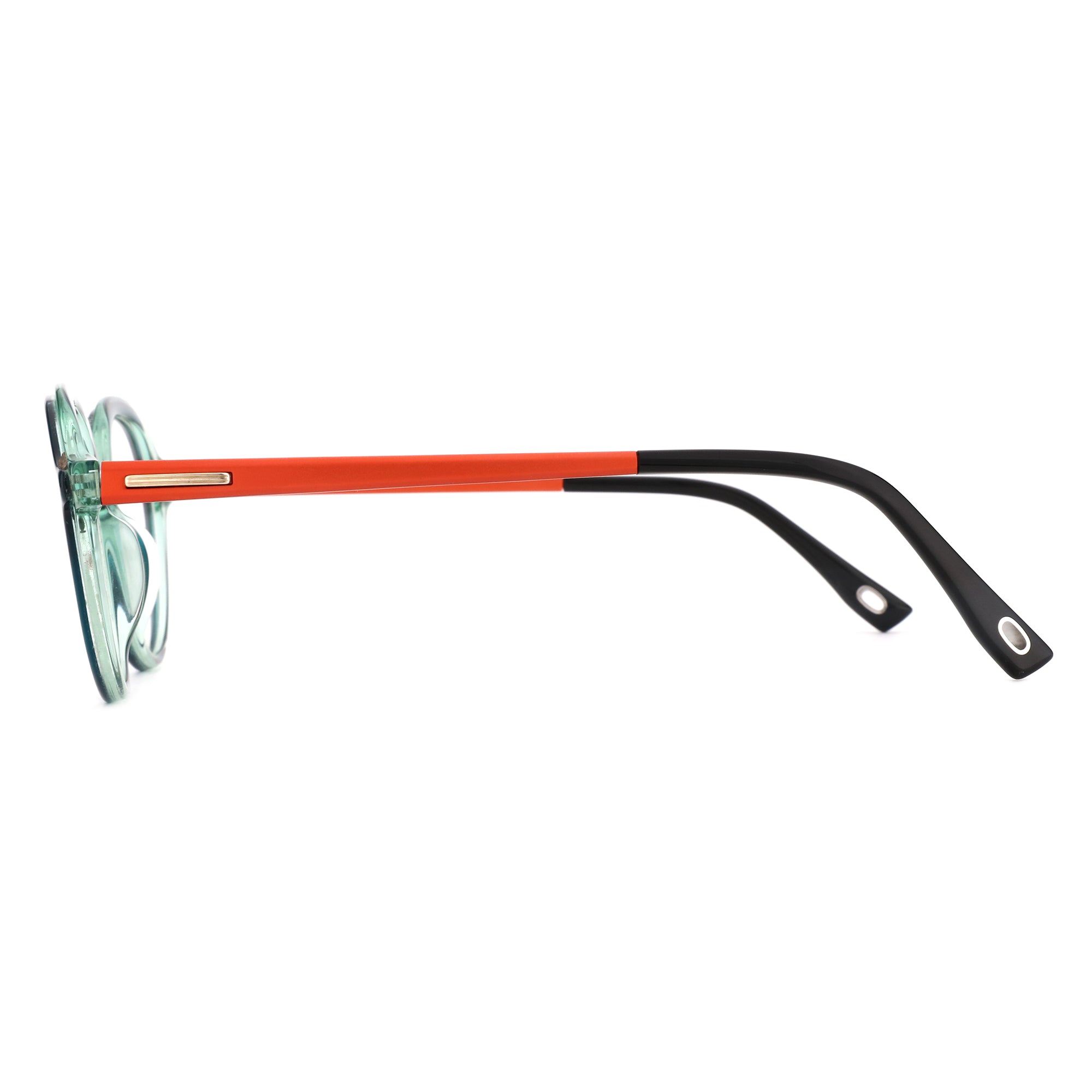 Zenottic Felinus retro geometric eyeglasses, teal acetate front, orange temples.