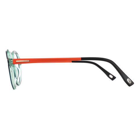 Zenottic Felinus retro geometric eyeglasses, teal acetate front, orange temples.