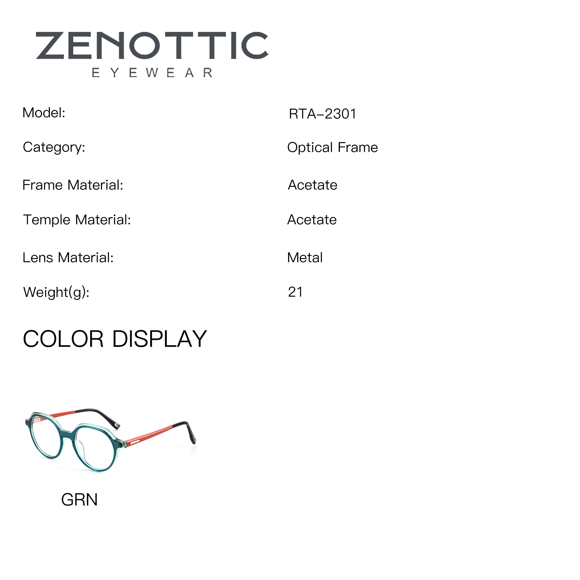 ZENOTTIC Felinus eyeglasses GRN: geometric acetate frame, greenish-blue with orange temples.