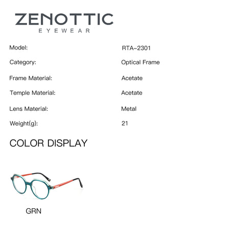 ZENOTTIC Felinus eyeglasses GRN: geometric acetate frame, greenish-blue with orange temples.