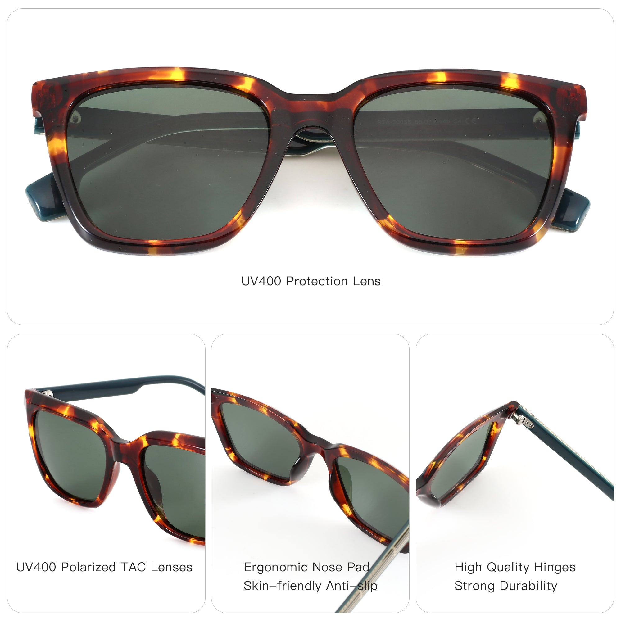 Zenottic Augustine square sunglasses with tortoise shell acetate frames and green lenses.