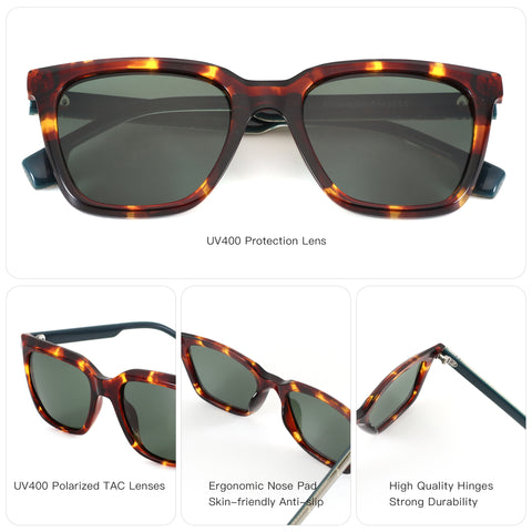 Zenottic Augustine square sunglasses with tortoise shell acetate frames and green lenses.