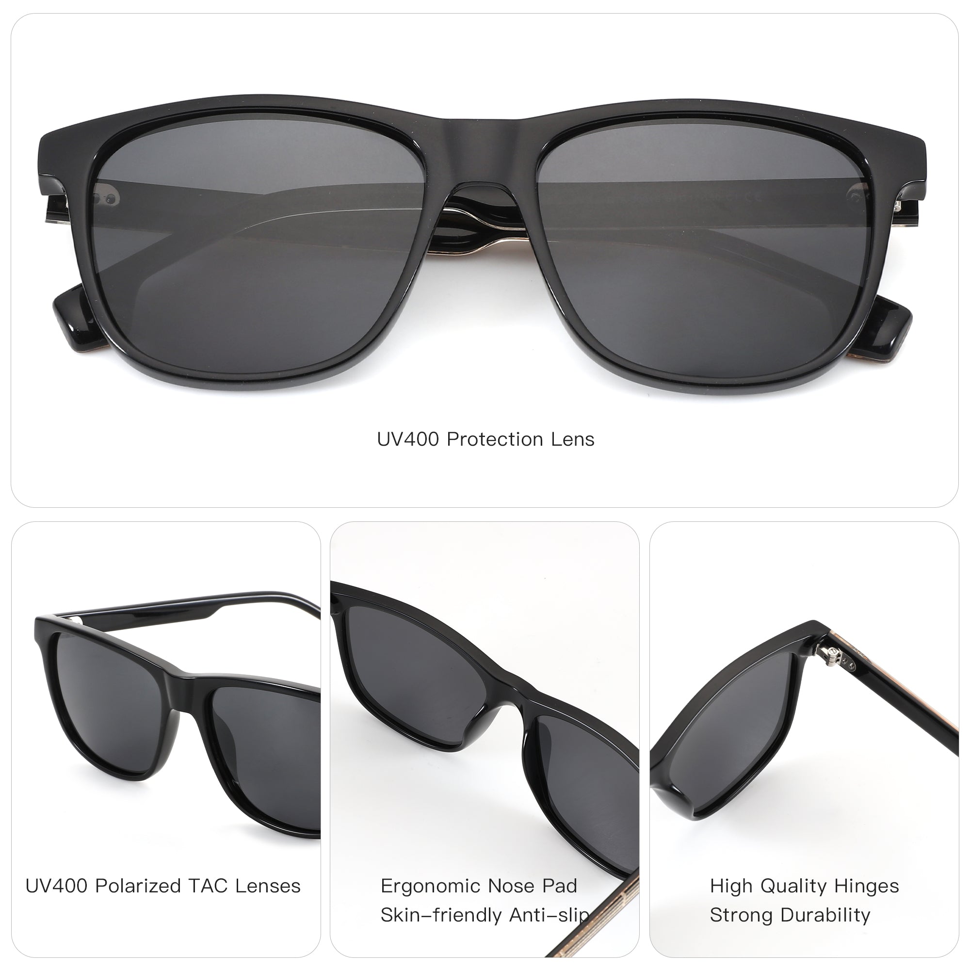 Zenottic Blair black acetate sunglasses with UV400 polarized TAC lenses, ergonomic nose pad, and durable hinges.
