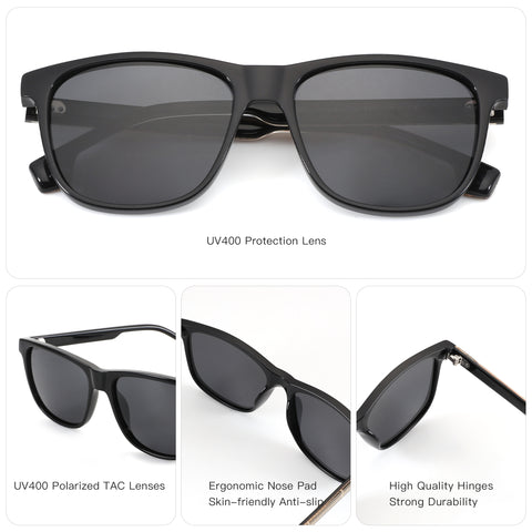 Zenottic Blair black acetate sunglasses with UV400 polarized TAC lenses, ergonomic nose pad, and durable hinges.