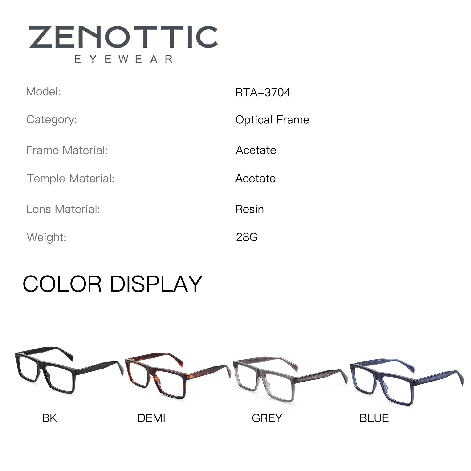 Zenottic Byron eyeglasses in BK, DEMI, GREY, and BLUE acetate frames.