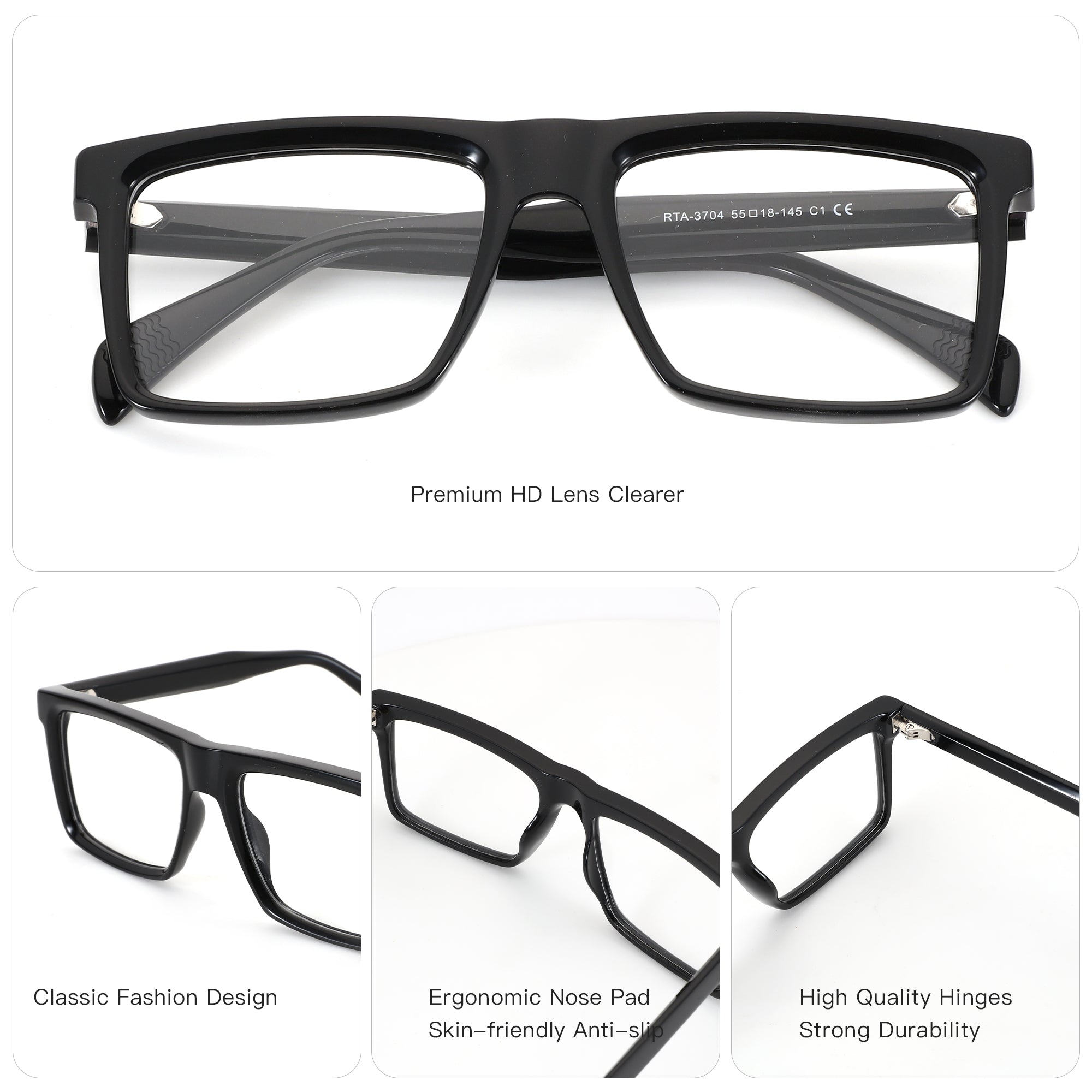 Zenottic Byron black square eyeglasses: RTA-3704, classic design, ergonomic nose pad, durable hinges.