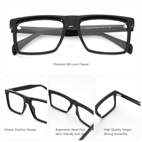 Zenottic Byron black square eyeglasses: RTA-3704, classic design, ergonomic nose pad, durable hinges.