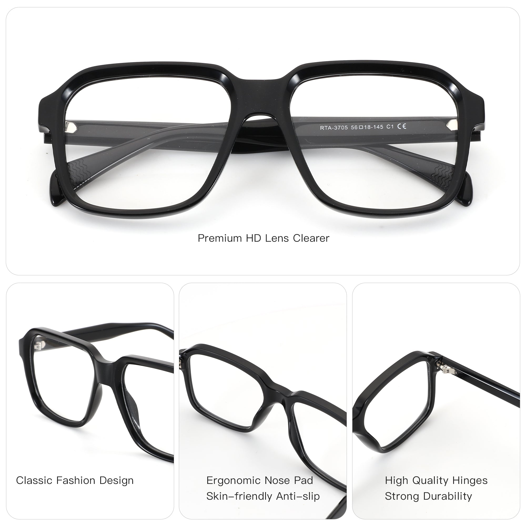 Zenottic Brady eyeglasses in black acetate with classic geometric frame and premium HD lenses.