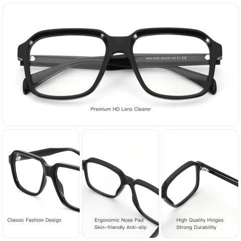 Zenottic Brady eyeglasses in black acetate with classic geometric frame and premium HD lenses.