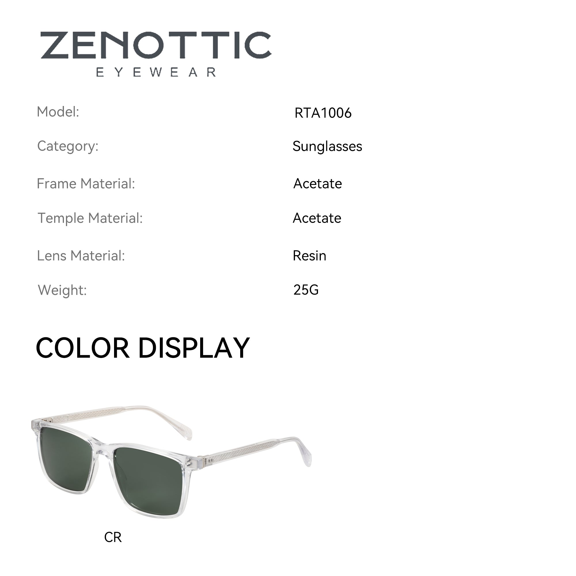 Zenottic Astoria sunglasses with clear acetate frame and green lenses, model RTA1006.