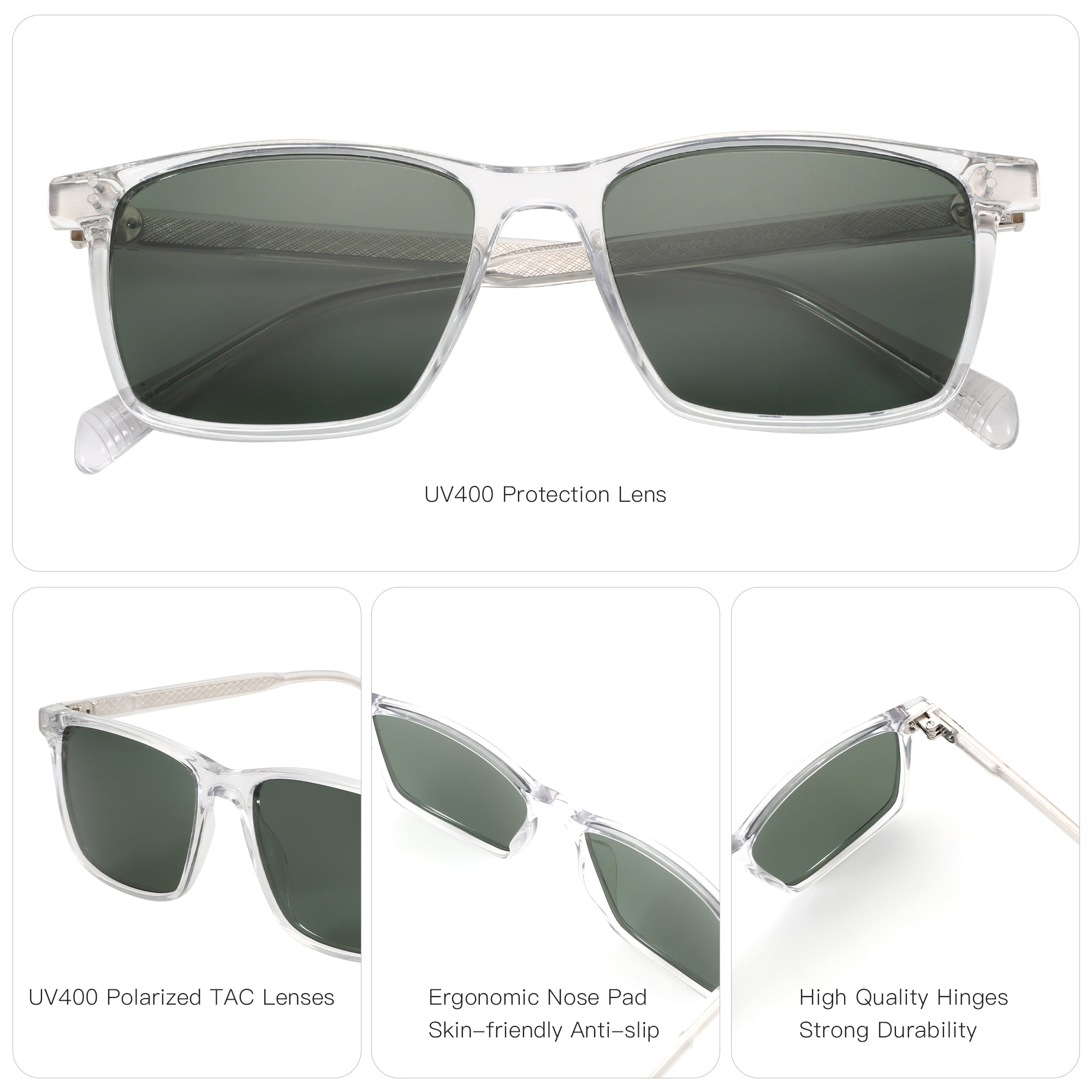 Zenottic Astoria clear frame sunglasses with dark green UV400 polarized lenses and durable hinges.