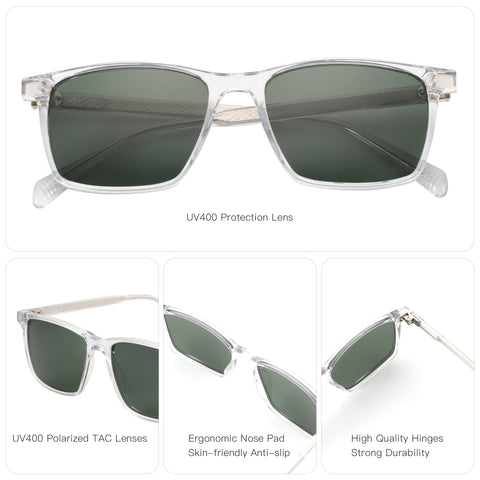 Zenottic Astoria clear frame sunglasses with dark green UV400 polarized lenses and durable hinges.