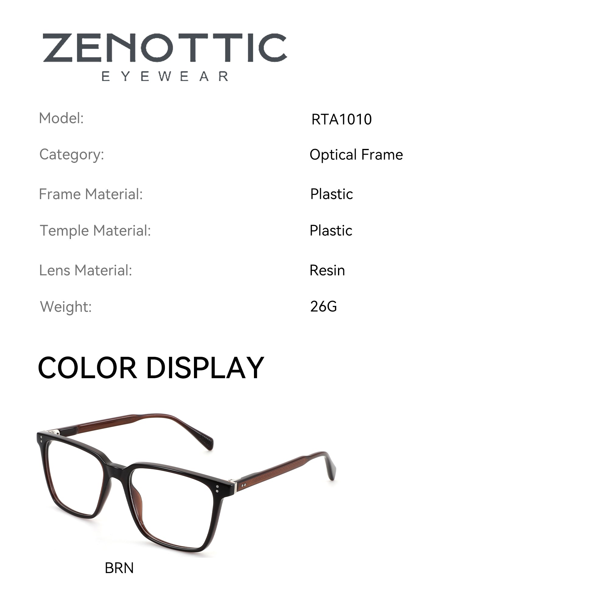 Zenottic Silvester eyeglasses in BRN color. Plastic frame, optical frame, 54mm lens width, 18mm bridge, 145mm temple length.