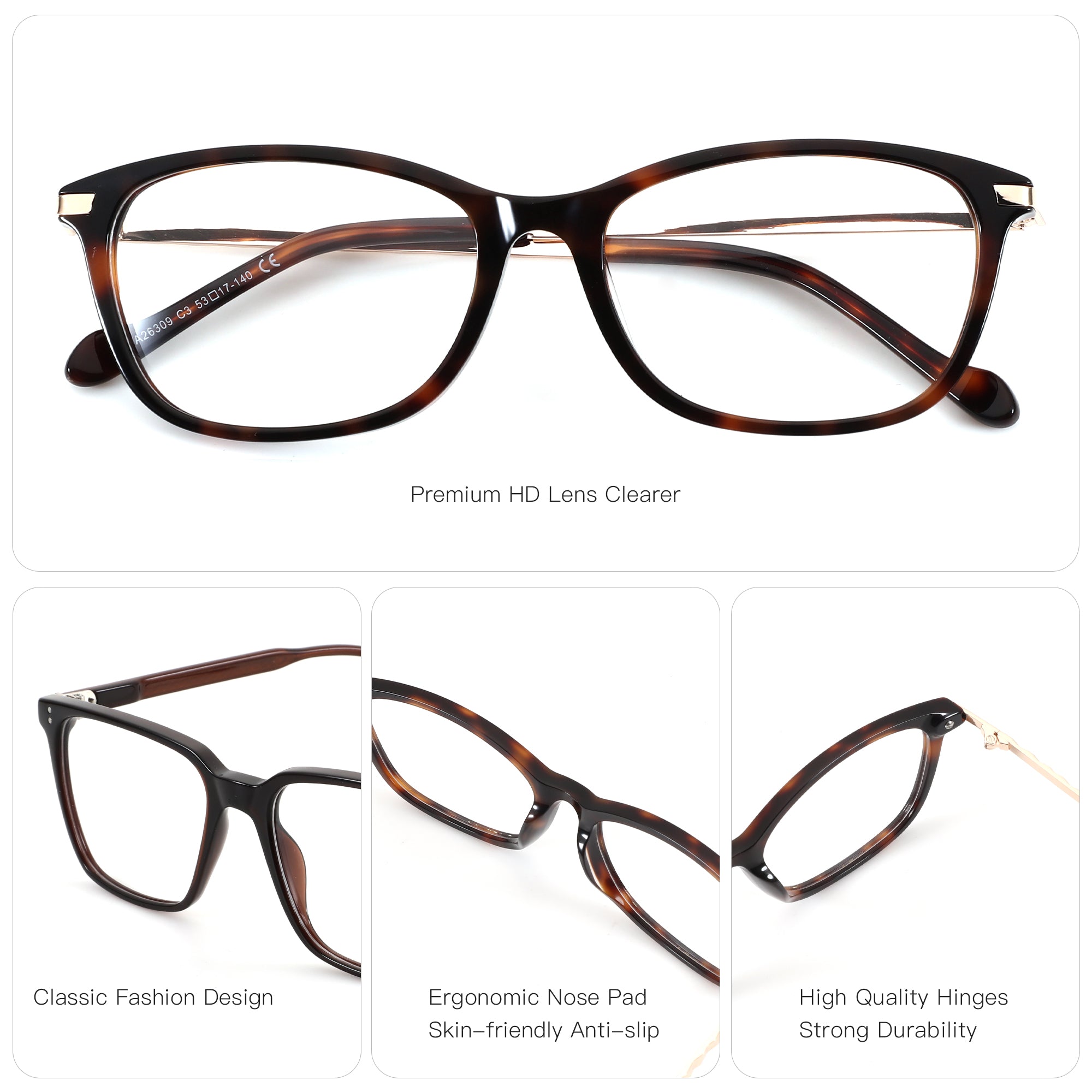 Zenottic Silvester tortoise shell square eyeglasses with clear lenses and gold metal temples.
