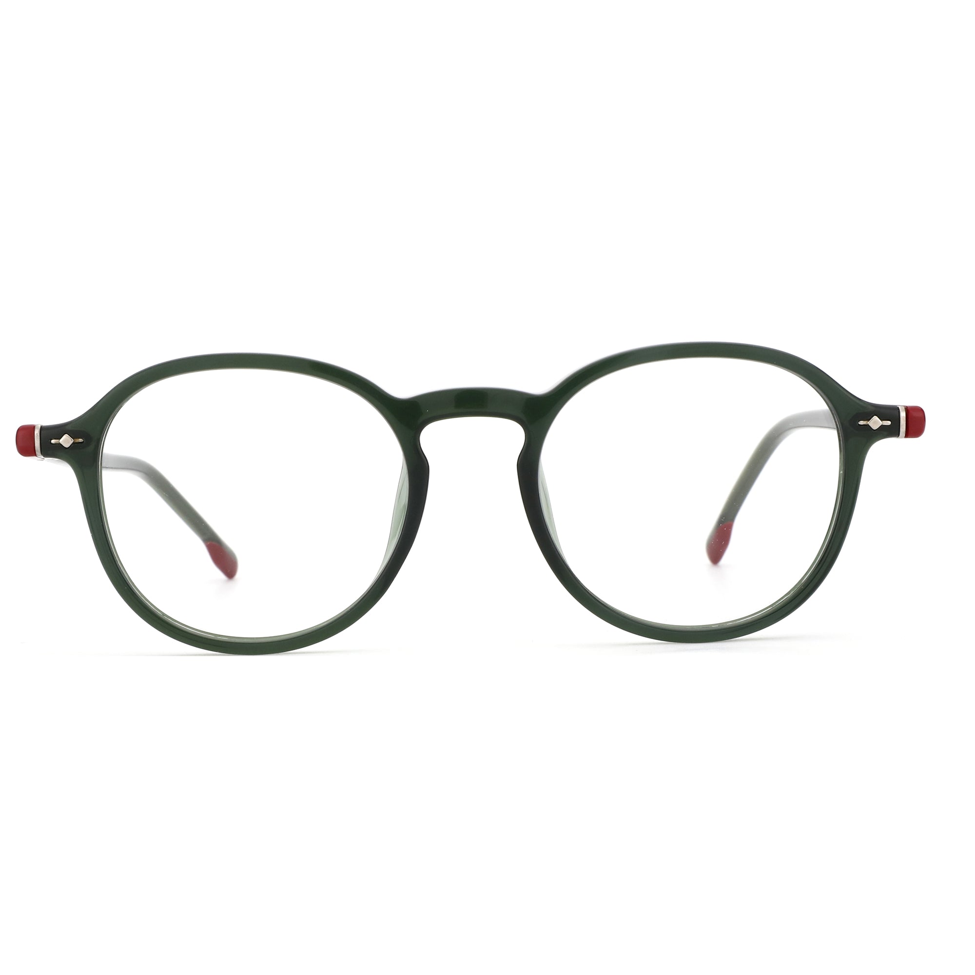 ZENOTTIC Ignativs round acetate eyeglasses in green with red accents.
