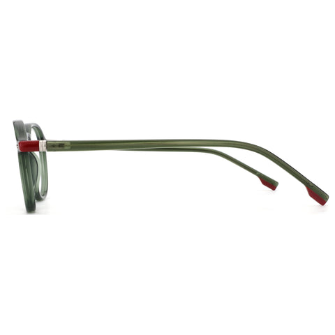 ZENOTTIC Ignativs eyeglasses: green acetate round frame with red hinge & temple accents, side view.
