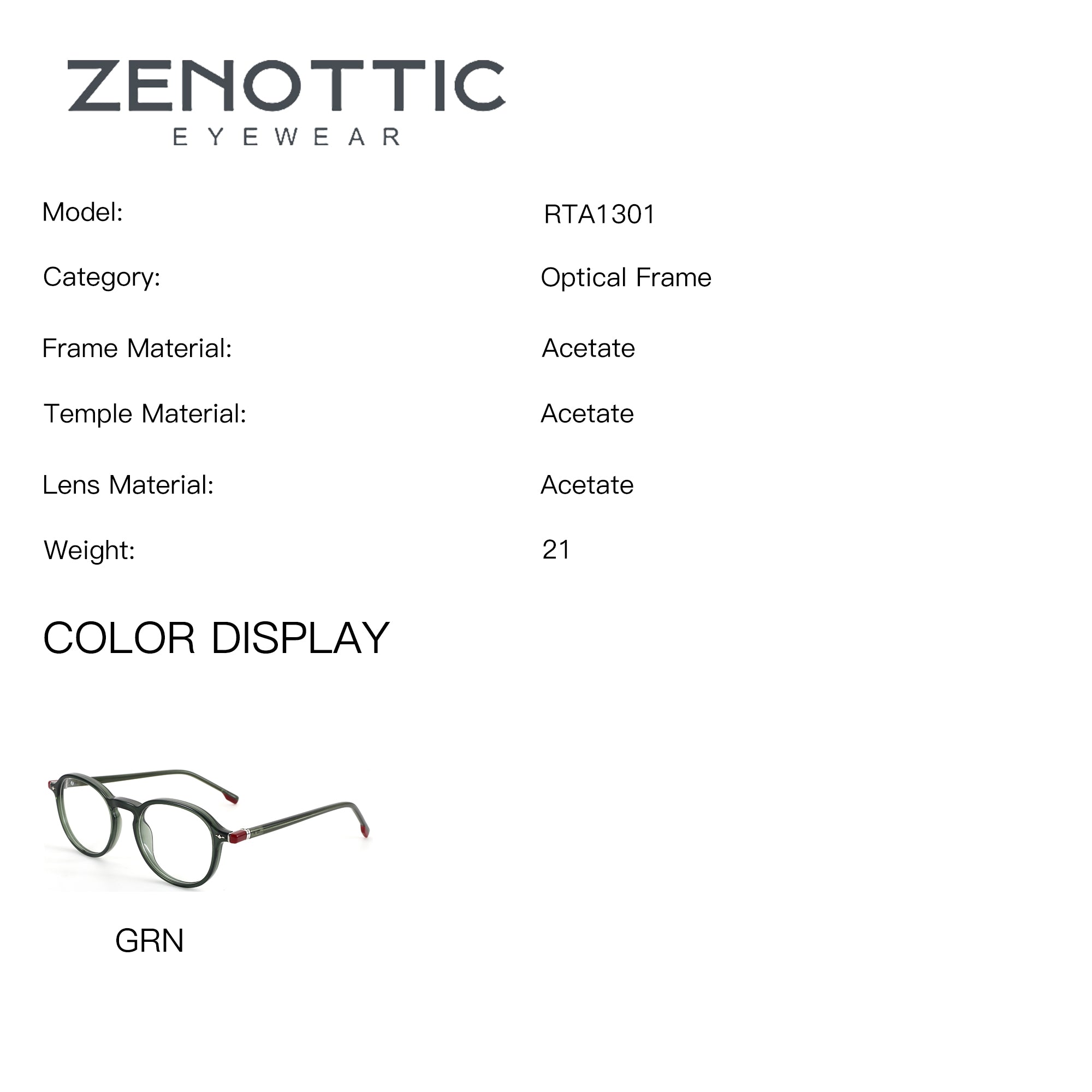 Zenottic Ignativs RTA1301 green round acetate eyeglasses with red accents
