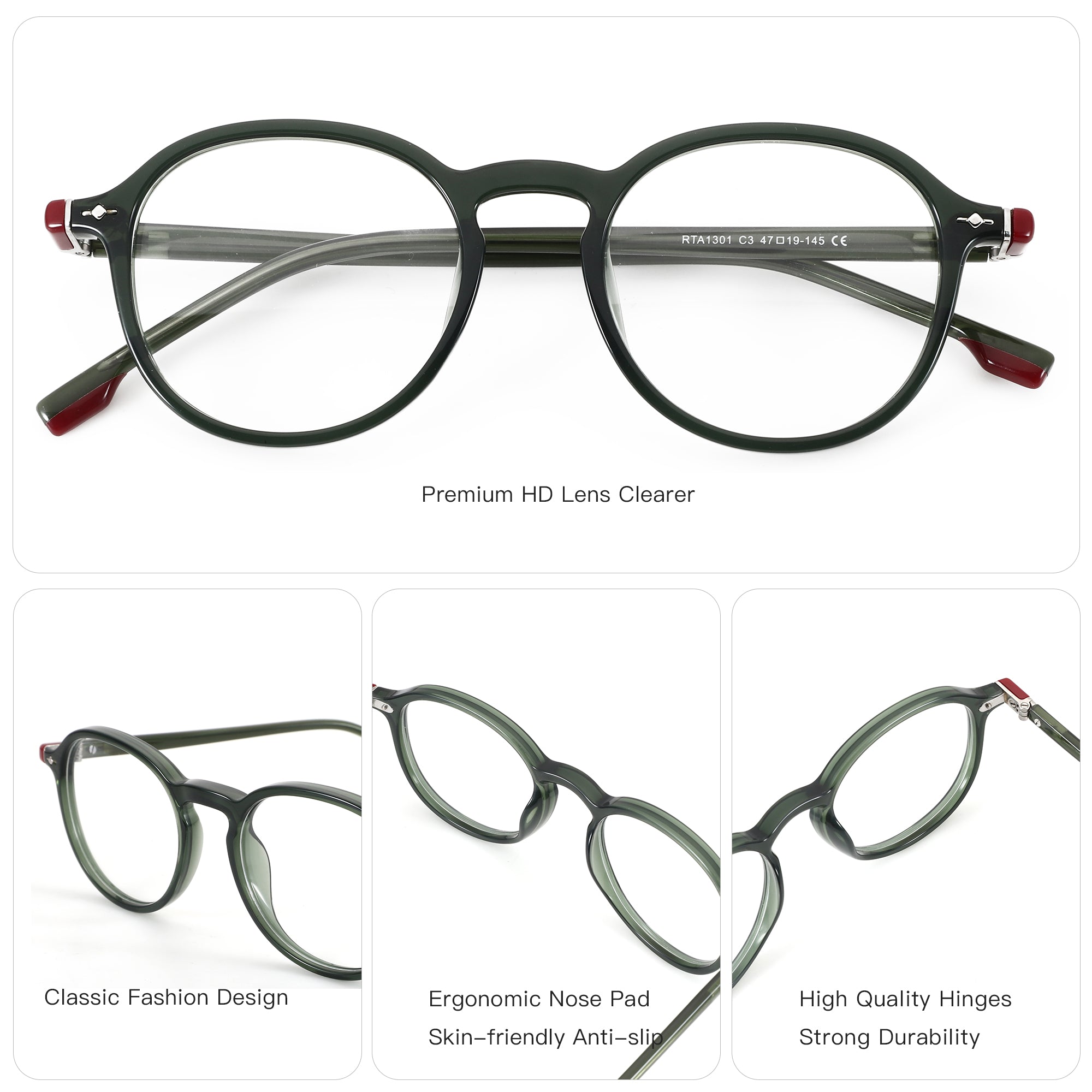 ZENOTTIC Ignativs RTA1301 dark green round acetate eyeglasses with red accents.