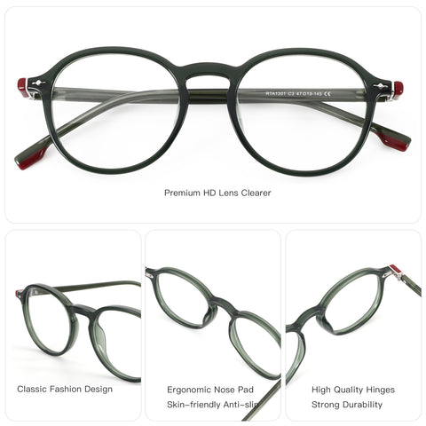 ZENOTTIC Ignativs RTA1301 dark green round acetate eyeglasses with red accents.