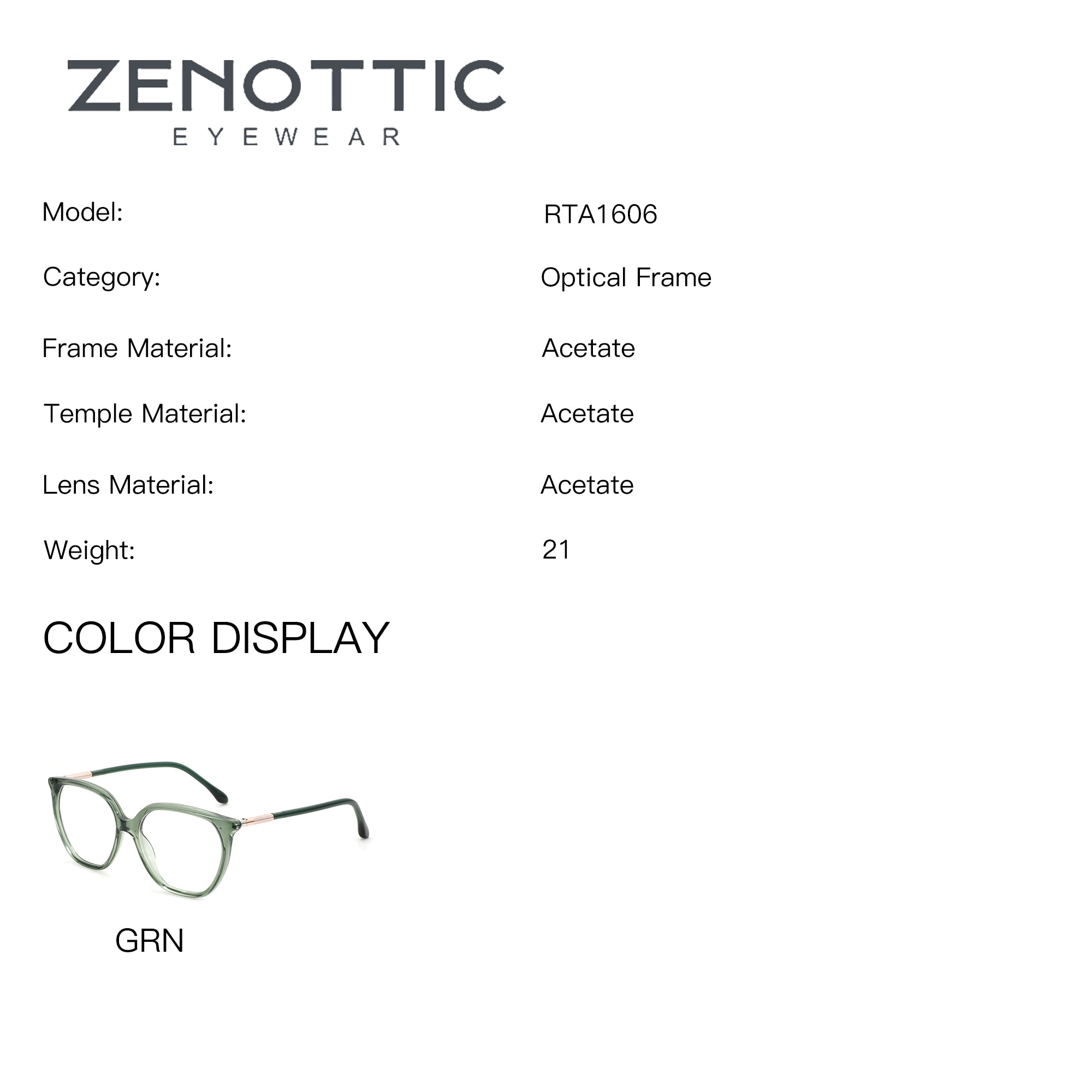 ZENOTTIC green acetate square eyeglasses with clear lenses and metallic temple details.