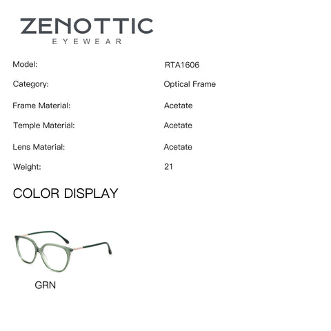 ZENOTTIC green acetate square eyeglasses with clear lenses and metallic temple details.