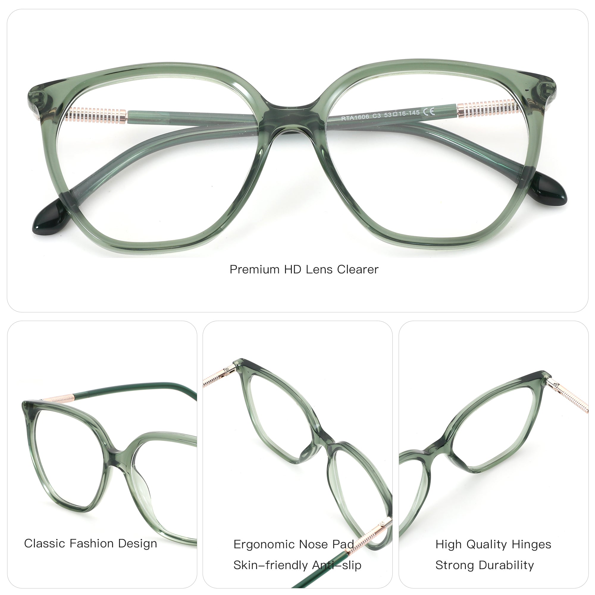 ZENOTTIC RTA1606 transparent green acetate square eyeglasses