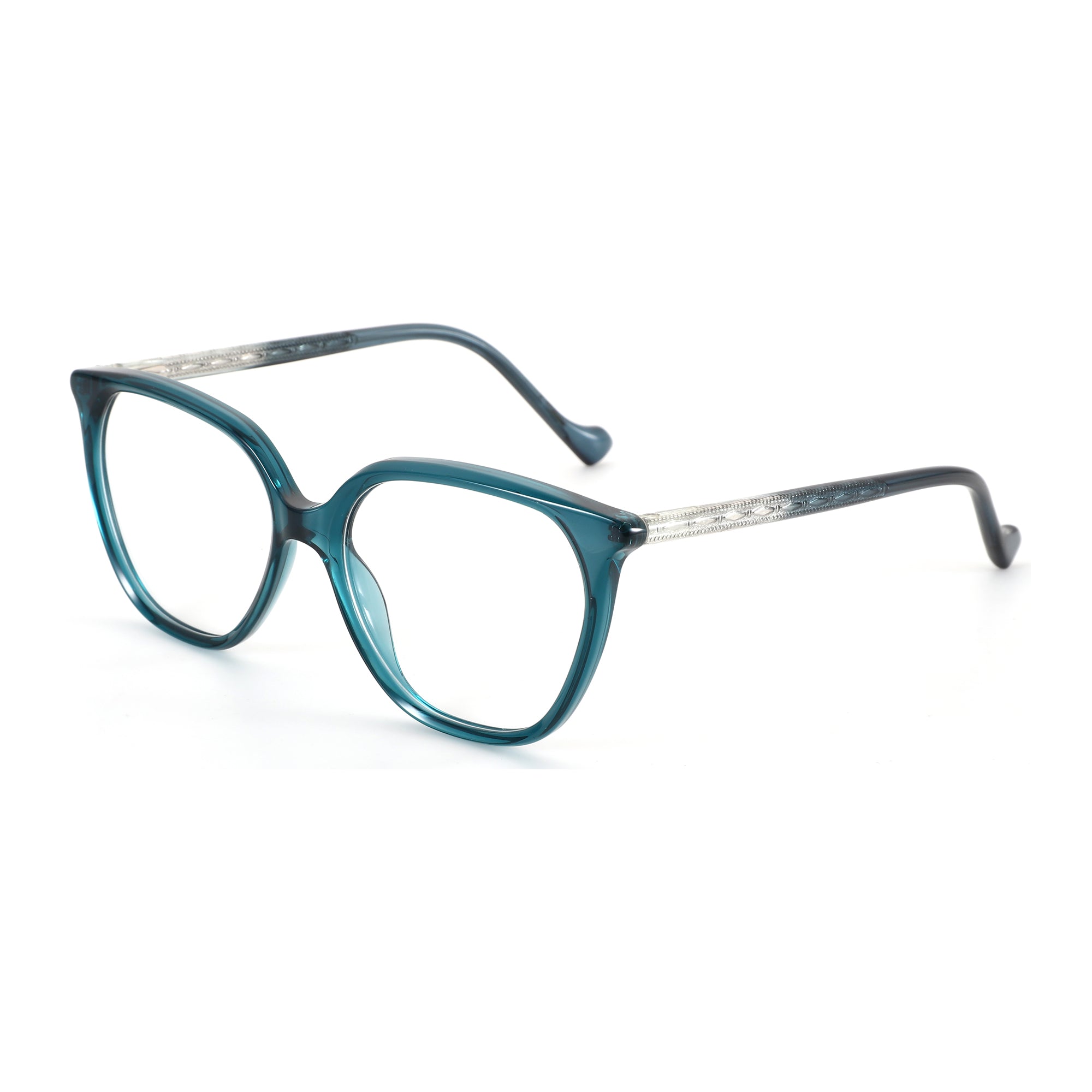 Teal acetate fashion square eyeglasses by ZENOTTIC Eyewear with patterned temples.