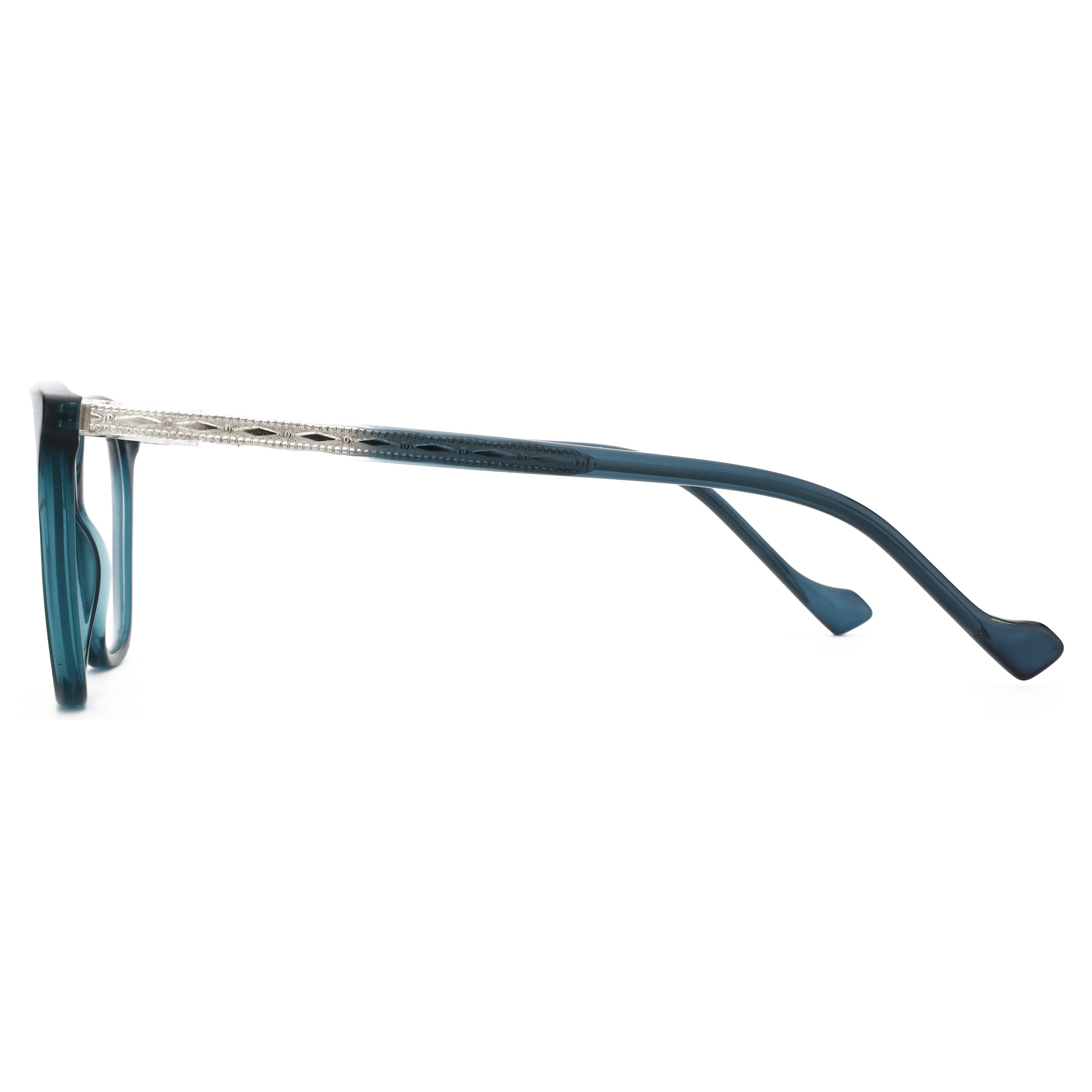 Zenottic Sigh blue-green acetate square eyeglasses with patterned silver inlay temple.