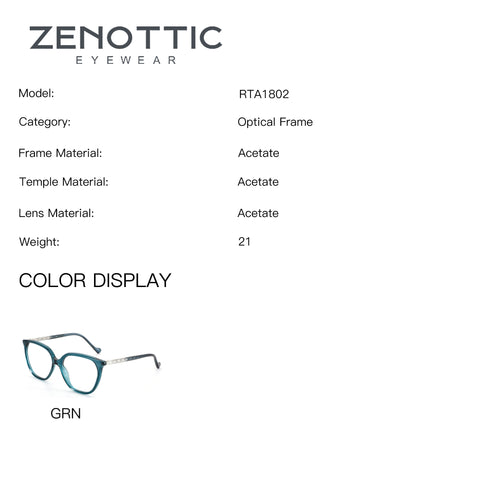 ZENOTTIC RTA1802 fashion square eyeglasses in teal acetate, color GRN.