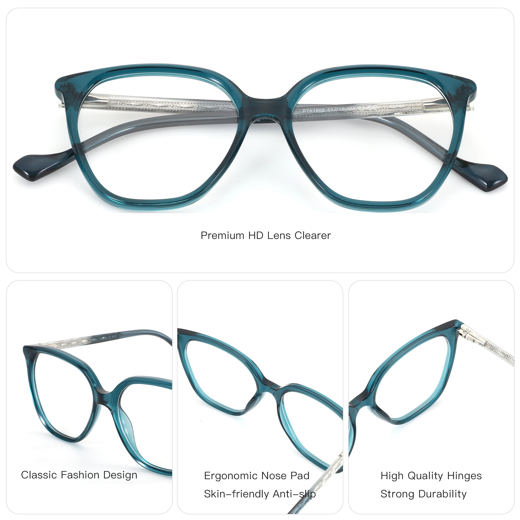 ZENOTTIC fashion square eyeglasses in teal acetate with clear demo lenses