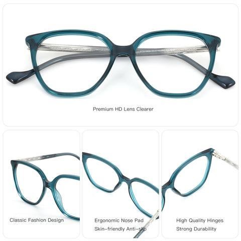 ZENOTTIC fashion square eyeglasses in teal acetate with clear demo lenses