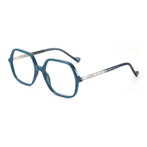 ZENOTTIC teal geometric acetate fashion eyeglasses with patterned silver temples.