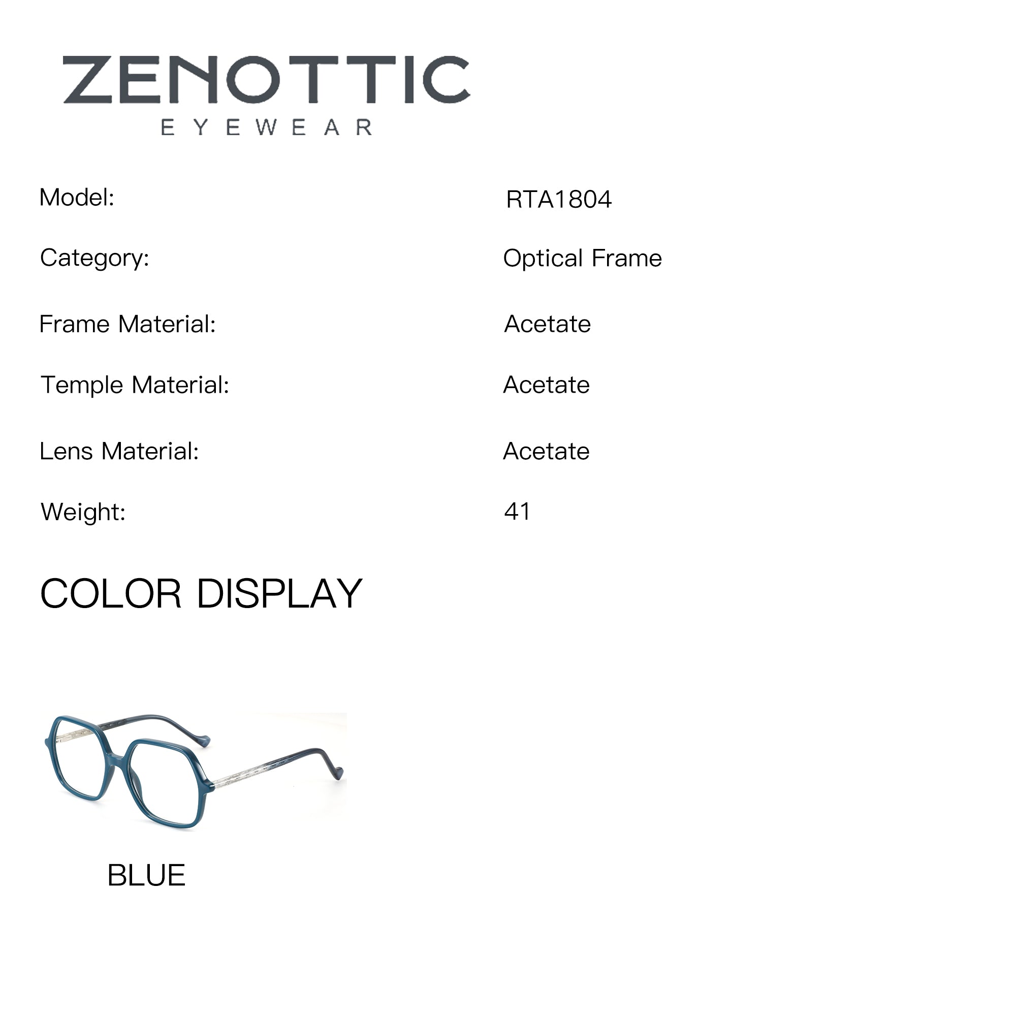 Zenottic RTA1804 blue geometric acetate eyeglasses frame