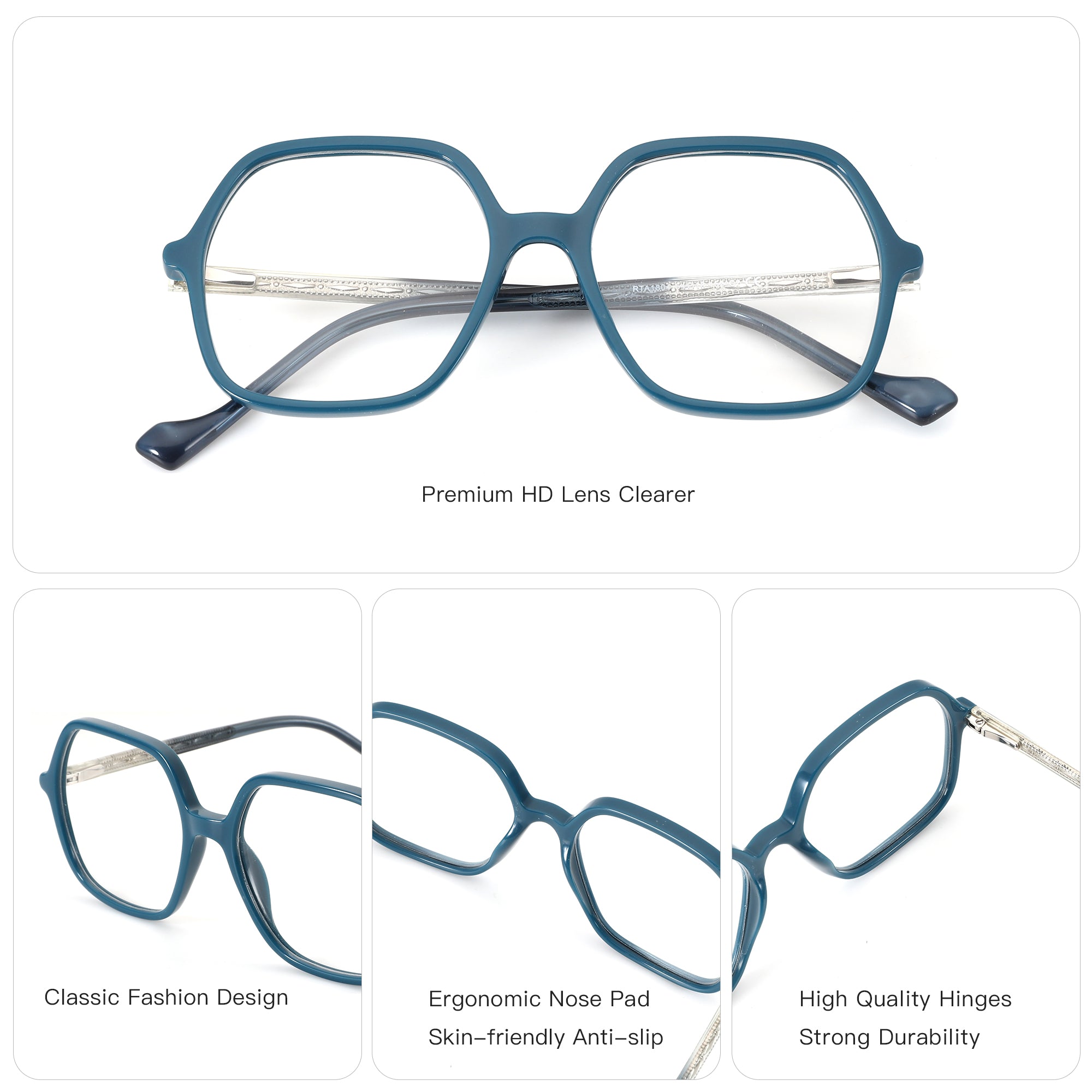 Zenottic South Bay teal geometric acetate eyeglasses, premium HD lenses.