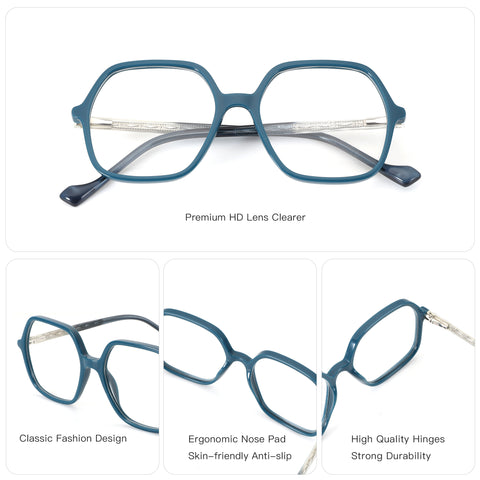Zenottic South Bay teal geometric acetate eyeglasses, premium HD lenses.