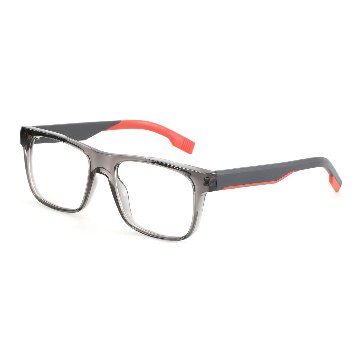 Zenottic Brennan square acetate eyeglasses: grey frame with red accents on temples