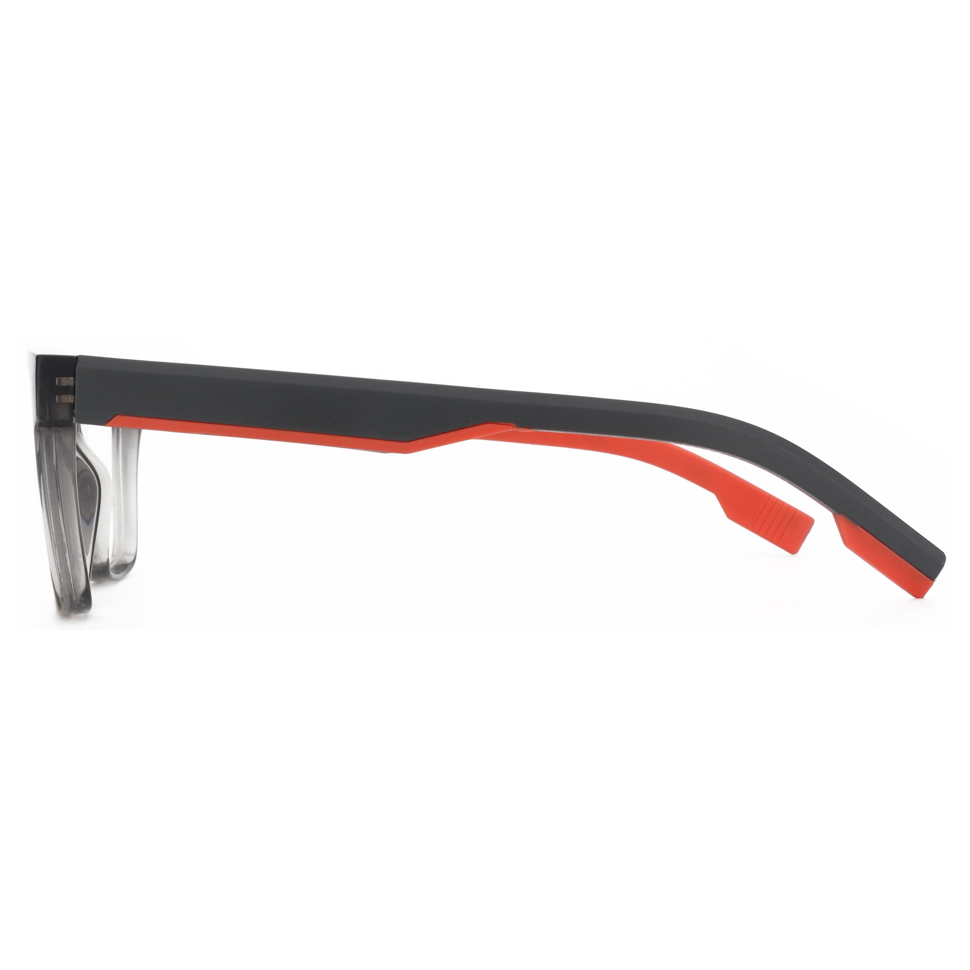 ZENOTTIC Brennan eyeglasses: Black acetate full-rim with red trim, sport square style, side profile.
