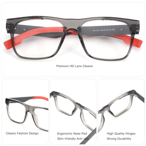 ZENOTTIC Brennan acetate full-rim square eyeglasses with red temple details.
