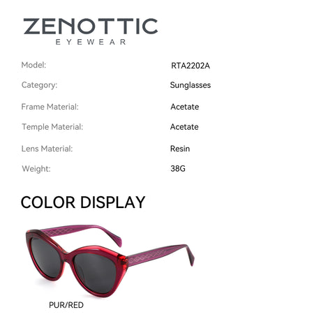 Zenottic cat-eye sunglasses in translucent purple/red acetate with dark lenses and patterned temples.